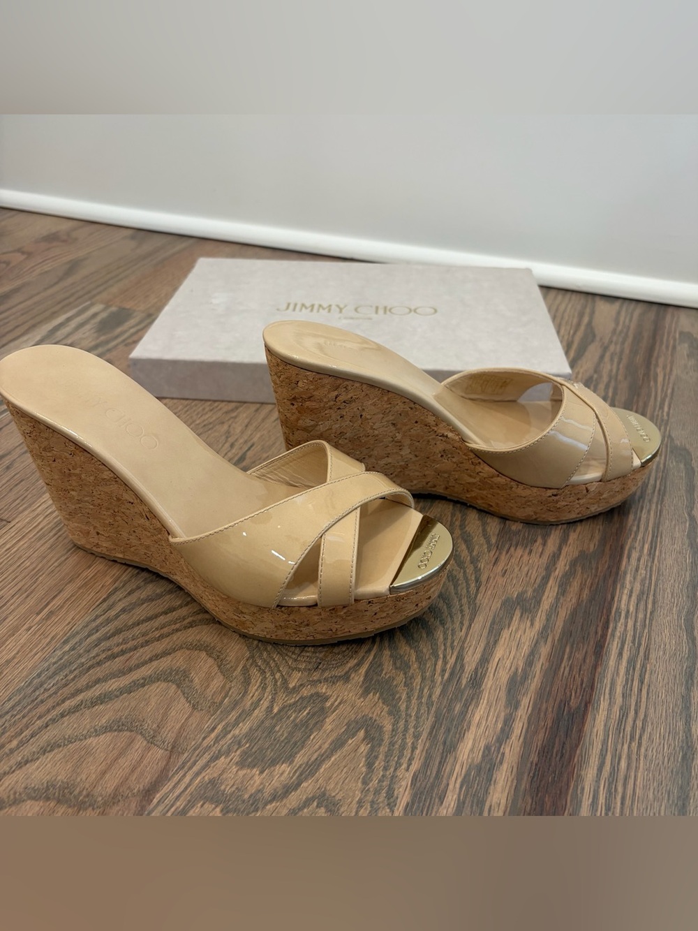 Jimmy Choo “Perfume” Nude Patent Leather Cork Wedge Platform Sandal Sz 6/36, NWT